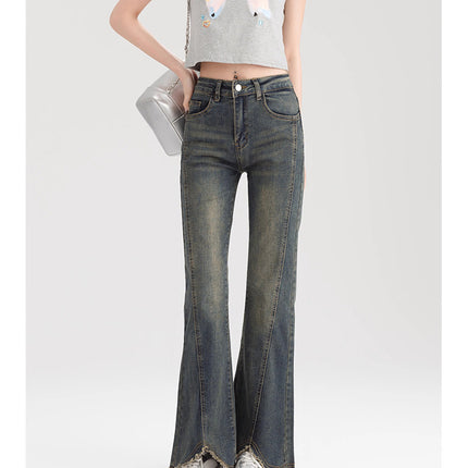 Spring 2025 American-style Stretch Rag Micro-flared Jeans Women's New Style Small Design High Waist Horseshoe Pants