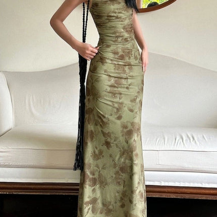 New Chinese Style Green Mesh Floral Suspender Dress Women's Summer Design High-End Elegant Waist-Covering Hip Fishtail Long Skirt