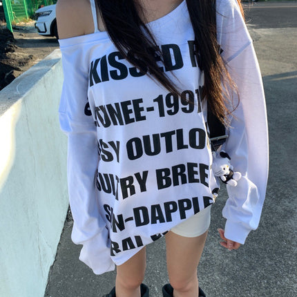 American Style Spice Girls Shoulder Letter Print Long-sleeved T-shirt Women's Early Autumn Mid-length Casual Loose Laid-back Shoulder Top