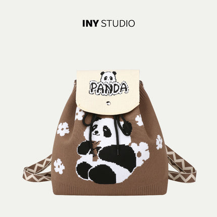 Grandpa Panda Cartoon Knitted Bag Women's Handbag Spring and Summer Popular Large Capacity Shoulder Drawstring Bag Versatile Backpack