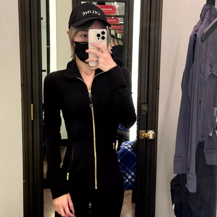 Lulu Same Style Gold Zipper Long Sleeve Jacket Yoga Suit Spring Sports Top Tight Sports Slim Jacket Women's Coat