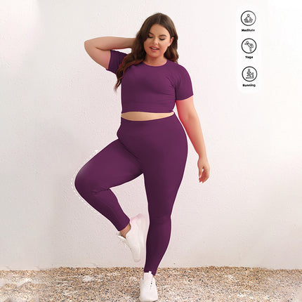 Amazon Sports New Solid Color Sports Yoga suit Summer Pink Yoga Clothes suit Short-Sleeved Tight Two-Piece Set