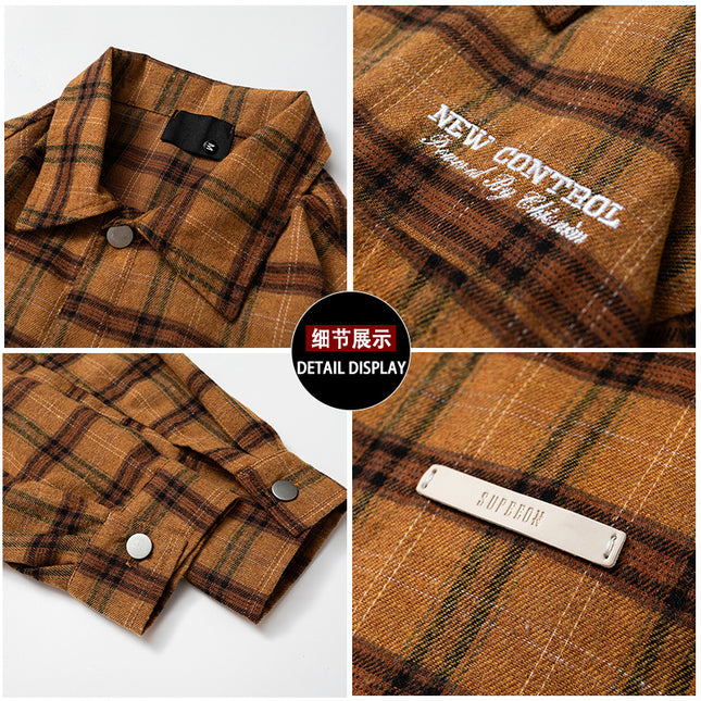 Trendy Brand American Style Yellow Plaid Long-sleeved Shirt Men's and Women's Autumn Scrub Plaid Retro Casual Shirt Jacket