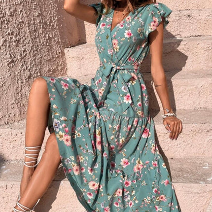 【Code】Summer Vacation Floral Dress with Floral Print, Butterfly Sleeves, Ruffled Belt, Vacation Style, Light Luxury
