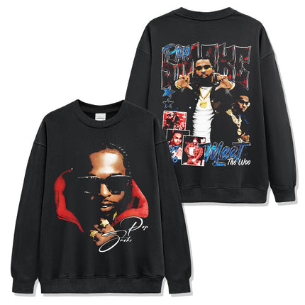 Cross-border American Hip-hop Smoke Pop Smoke Printed Short-sleeved T-shirt Washed Long-sleeved Loose Hooded Sweat for Men
