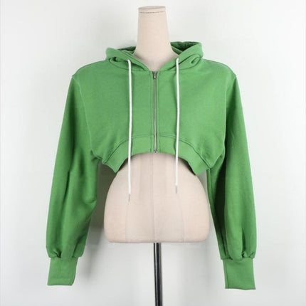 New 2026 Spring and Autumn Korean Style Hooded Solid Color Simple American-Style Zip-Up Cardigan Jacket, Trendy Crop Top Sweatshirt for Women