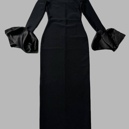 European and American Bandage dress Cross-border New Round Neck Nail Drill Horn Sleeve Temperament Waist Long Sleeve Women's Split Long Dress