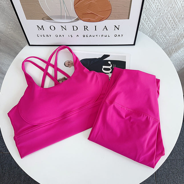 European and American Fashion Fitness Set, Push-Up Cross Sports Bra, Nude-Feel High-Waisted Butt-Lifting Yoga Two-Piece Set for Women