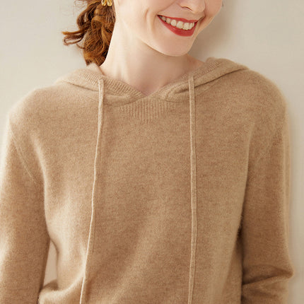 Autumn and Winter Hooded Cashmere Sweater Cashmere Long-Sleeved Pullover Versatile Pure Color Windproof Warm Hooded Cashmere Sweater for Women