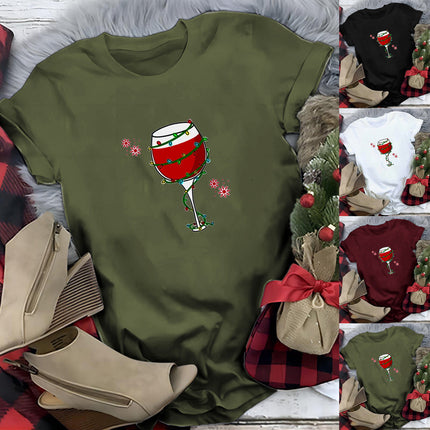 Women Casual Fun Crew Neck Tees Christmas t Shirt Red Wine g