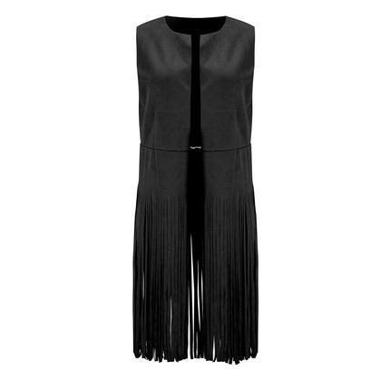 2025 Women's European and American Style New Suede Tassel Vest Jacket Popular Sleeveless Mid-Length Vest Outer Wear