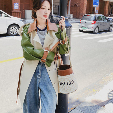 This year's popular pu leather stitching trench coat coat women's spring and autumn high-end Korean style mid-length casual coat