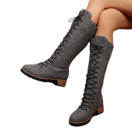 Cross-Tied Boots 2025 Export Autum New European and American Style Patent Leather Round Toe Thick Heel Medium Heel Knight Boots Women's Boots