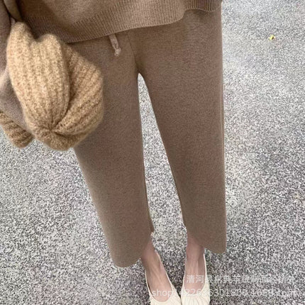 New Trendy Wool Wide-Leg Pants, Soft, Waxy and Warm, Cream White Knitted Cropped Pants, Loose Casual Pants for Women, Versatile and Thick