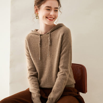 High-grade cashmere sweater women's autumn and winter New hoodie can be worn outside hooded solid color cashmere sweater loose drawstring sweater