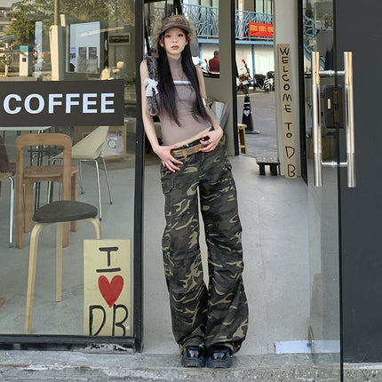 American Retro Camouflage Claw Pants Women's 2025 Spring New High Waist Drawstring Design Straight Dipping Casual Pants