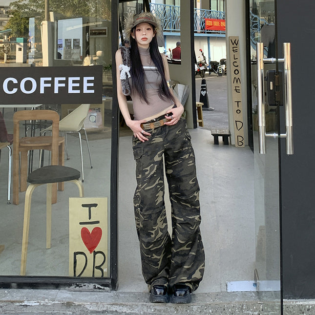 American Retro Camouflage Claw Pants Women's 2025 Spring New High Waist Drawstring Design Straight Dipping Casual Pants