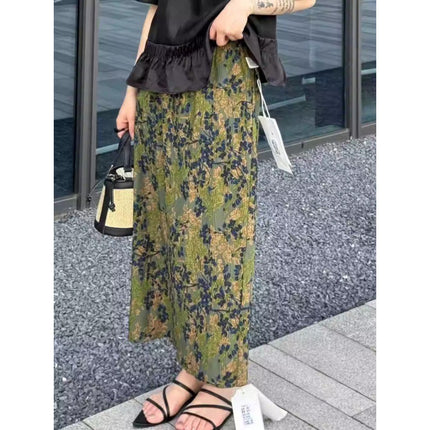 2026 Summer New Style Elastic Waist Back Slit Green Floral Skirt French Pleated Textured A-Line Skirt