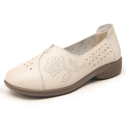 Mom's Shoes, Middle-Aged and Elderly Leather Shoes, Summer Women's Breathable Non-Slip Flat Hole Shoes, Middle-Aged Sandals, Soft-Soled Comfortable Single Shoes