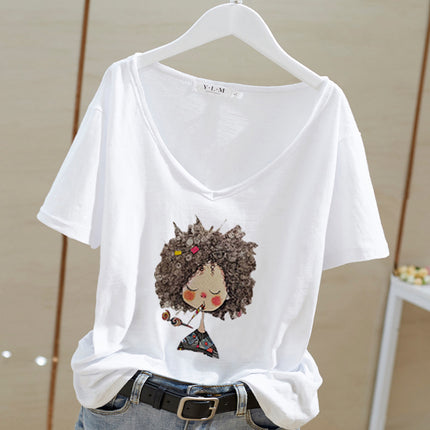 V-neck ultra-thin front shoulder slub cotton letter printing summer 2024 new Korean loose top short sleeve women's T-shirt fashion