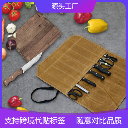 Outdoor Simple Retro Waxed Canvas Chef Knife Storage Roll Bag Travel Portable Chef Knife Storage Bag Roll Bag