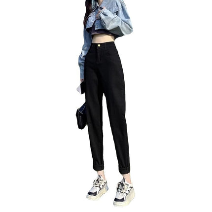 fleece-lined Thickened Black Harlan Turnip Jeans Women's Fashionable All-match New Solid Color High Waist Slimming Dad Pants