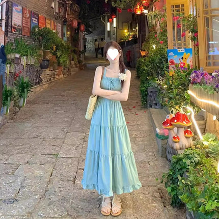 Summer New Mint Milk Green Suspender Dress for Women, This Year's Popular Hot Style Sweet Girl Wears Gentle Waist Skirt