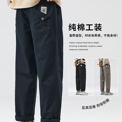 American Pure Cotton Cargo Pants Men's Loose Straight 2025 Spring, Autumn and Summer New Casual Sports Wide-Leg Long Pants