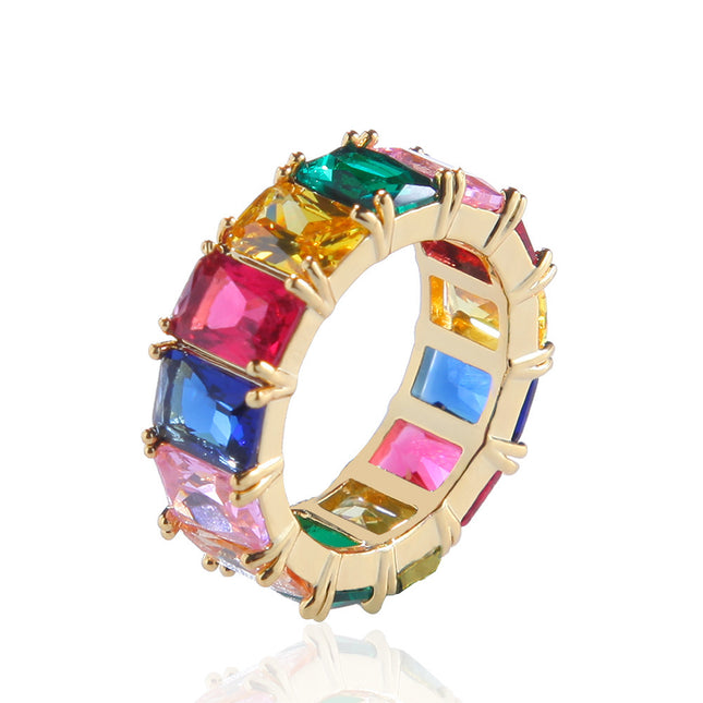 Gu Meng Cross-border Copper Zircon Ring European and American Hip-hop Color Mixed Color Rectangular Zircon Ring for Men and Women