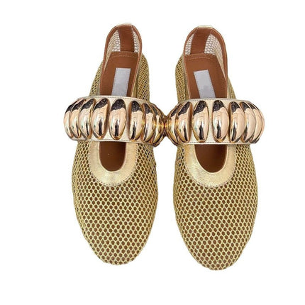 Metal Buckle Mesh Mary Jane Shoes Women's 2024 Summer New Fashionable Flat Comfortable Ballet Dancing Shoes