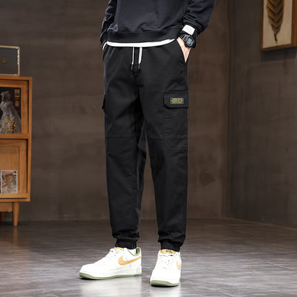 Autumn thick men's loose drawstring multi-pocket overalls fashion brand cotton leggings casual pants in stock