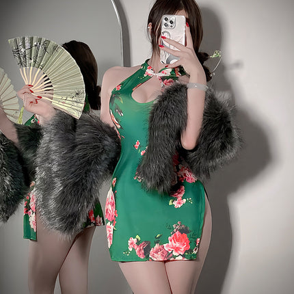 Sexy Lingerie Sexy plus size Classical Printed Cheongsam Hollow Small Chest Large Sexy Pajamas Bed Uniform