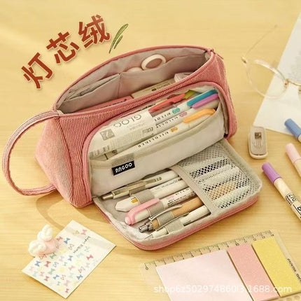 Corduroy Simple Large-Capacity Pencil Bag for Junior High School Students Small Fresh Canvas Pencil Bag Multi-Functional Storage Stationery Bag