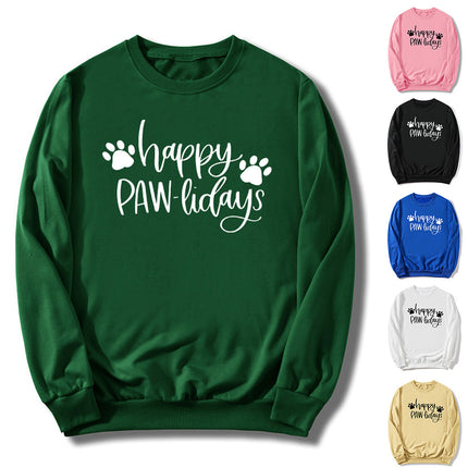 in stock Foreign Trade Cross-border Dog Feet Happy Pawlidays Printed Crewneck Sweat European and American Autumn and Winter Men's and Women's Top