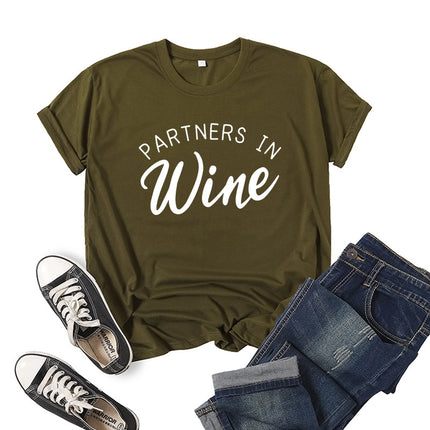 Foreign Trade Cross-border PARTNERS IN WINE Printed Short-sleeved Crewneck T-shirt European and American Men's and Women's Top Loose Casual