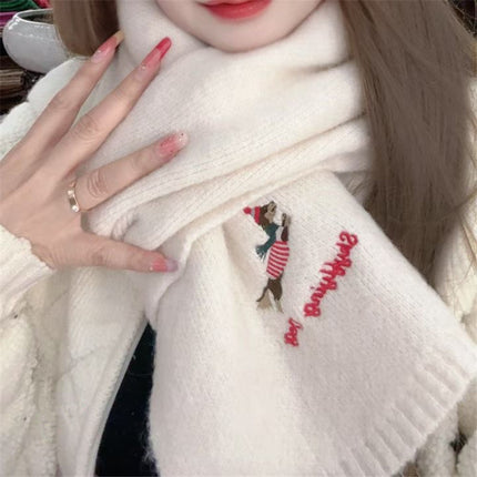 Autumn and Winter Warm Scarf for Women Japanese Style Cute Puppy Embroider Knitted Cold-Proof Fashion Versatile High-End Scarf for Students