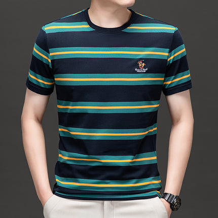 Mingdi Mouse Men's Summer New Casual Short-sleeved Crewneck Pullover T-shirt Business Striped Plus Size Men's T-shirt