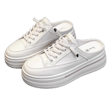 White Shoes with Toe Caps and Half Slippers for Women with Thick Soles and Inner Heightening 2025 Summer New Style, Fashionable and Versatile for Lazy People to Wear Outside and Casual
