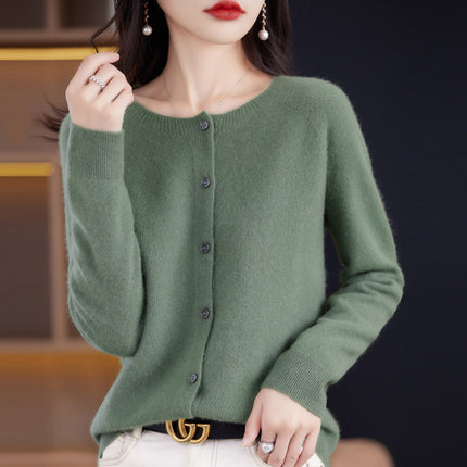 2024 Round-Neck Autumn and Winter Women's Cardigan Sweater Coat 100% Wool Loose Outerwear Versatile Knit Wool