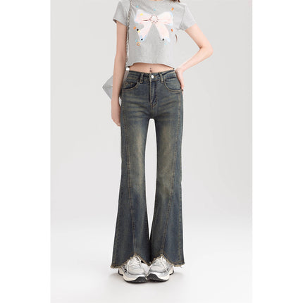 Rust Design Sense Micro-flare Jeans Women's 2025 Spring New High Waist Elastic Slim-fit Horseshoe Pants