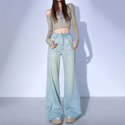 American Sweet-Cool Style Non-Tight Glacier Blue Flared Jeans for Women 2026 Spring Commuter Wide-Leg Pants & Extended Length