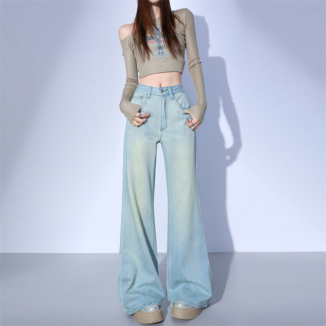 American Sweet-Cool Style Non-Tight Glacier Blue Flared Jeans for Women 2026 Spring Commuter Wide-Leg Pants & Extended Length