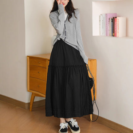 2025 New Summer Style Ear-Hem Elastic Waist Long Gentle Style A-Line Skirt Women's Hem Lace Splicing Skirt