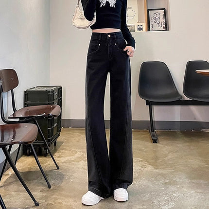 Gradient Contrast Color Wide Leg Jeans Women's Fashion All-match Black Grey Flesh Covering Slimming High Waist Straight Trousers