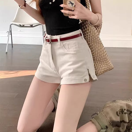Hot Girl White Denim Shorts Women's Summer New Design Side Zipper Low Waist Sexy Hip-Covering Hot Pants Trendy