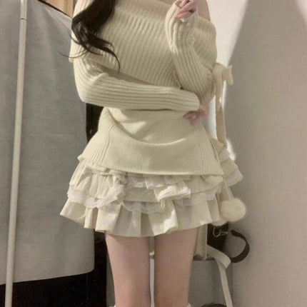 off-shoulder ambience long-sleeved sweet sweater top little cake pure skirt academic style suit