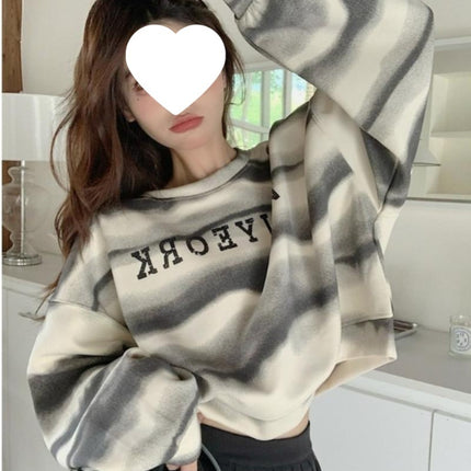 South Korea's Dongdaemun Tie-Dye Stripesd Printed Short Sweatshirt for Women Autumn 2024 New Loose High-Waisted Round Neck Top