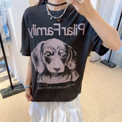Spot Korean Niche 25 Summer New Style American Retro Lazy Style Loose Dog Print Round Neck Short-Sleeved T-Shirt