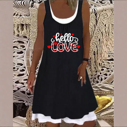 In-Stock 2025 European and American Style Aliexpress Wish Independent Site Fashion Casual Heart Print Faux Two-Piece Sleeveless Dress