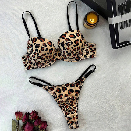 European and American Cross-Border Leopard Print Sexy Bra Thong Set Comfortable Push-Up Underwear Set